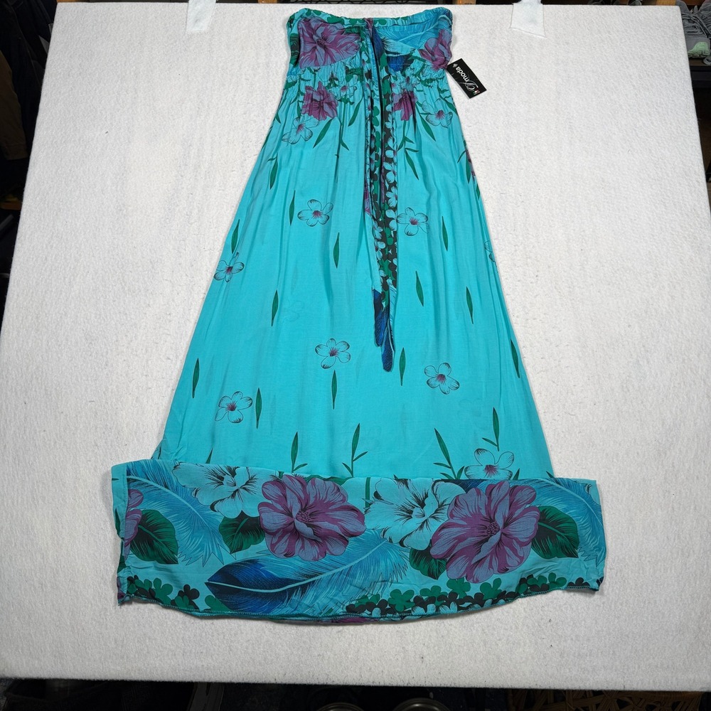 D'moda Italy Floral Strapless Maxi Dress Turquoise Purple Smocked Tube Top NWT